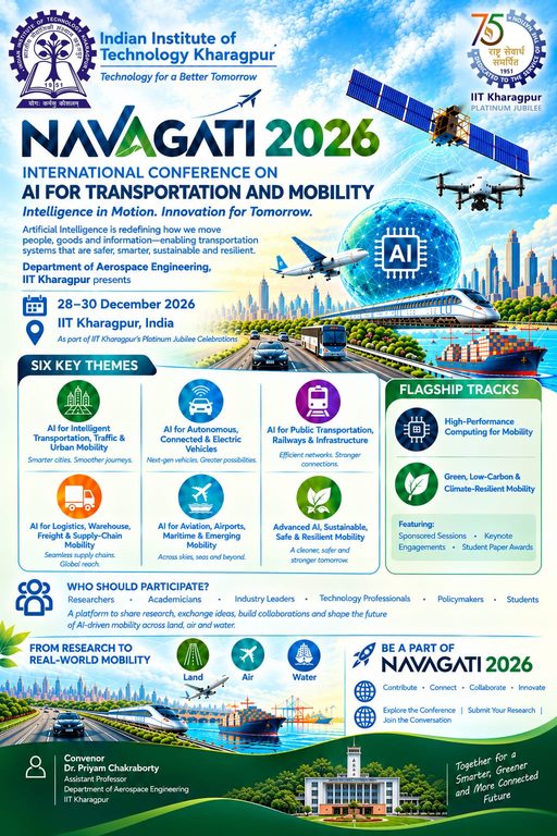 NAVAGATI 2026 conference poster: six key themes, flagship tracks, 28–30 December 2026 at IIT Kharagpur